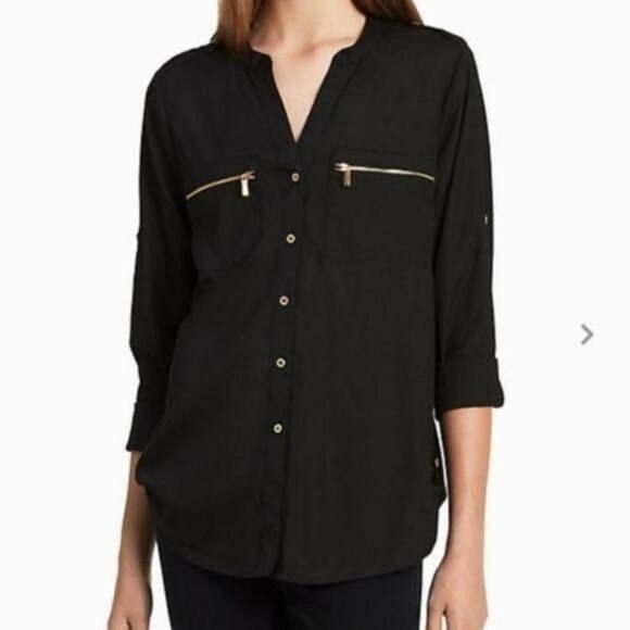Calvin Klein Black Shirt Blouse Top Button Up Tab Sleeves WOMAN'S Women's Small - Picture 1 of 13